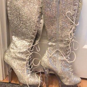 Pleaser Silver Glitter Heeled Boots